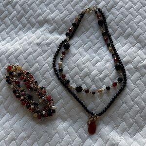 Multicolor Bead Layered Necklace with Teardrop Pendant - Black, Red, Cream